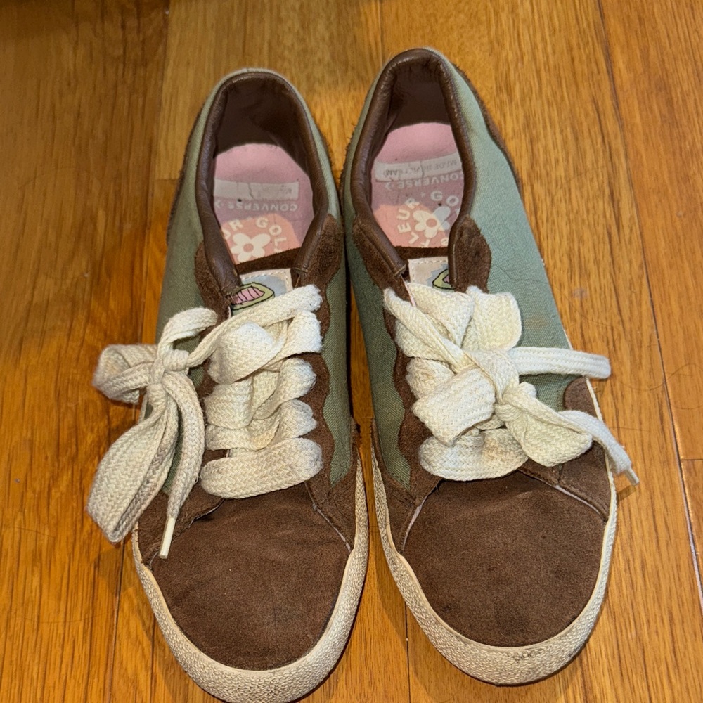 Brown and Green Sneakers with White Laces